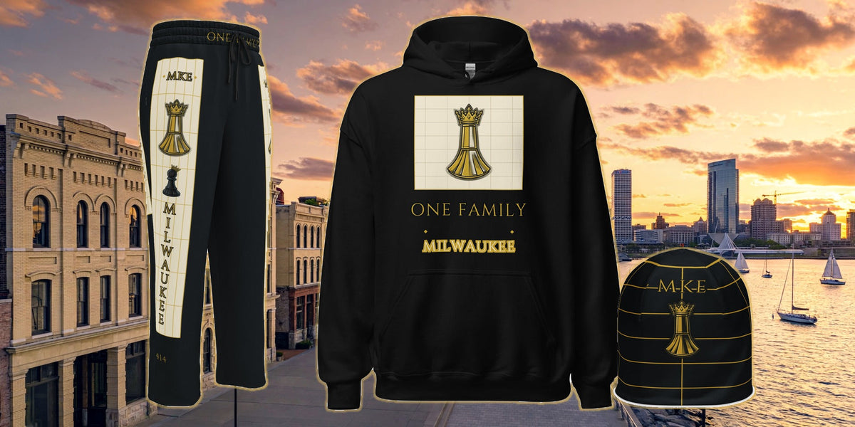 One Family Cream City Set — Milwaukee hoodie, stacked joggers and black beanie on the Milwaukee lakefront at dusk