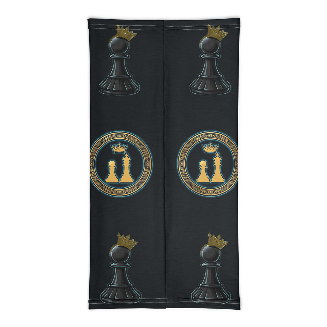 One Family Neck Gaiter — Black, all-over black and gold pawn pattern