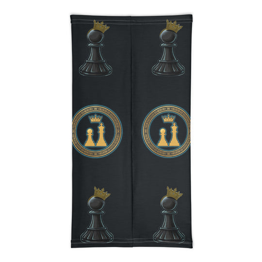 One Family Neck Gaiter — Black, all-over black and gold pawn pattern