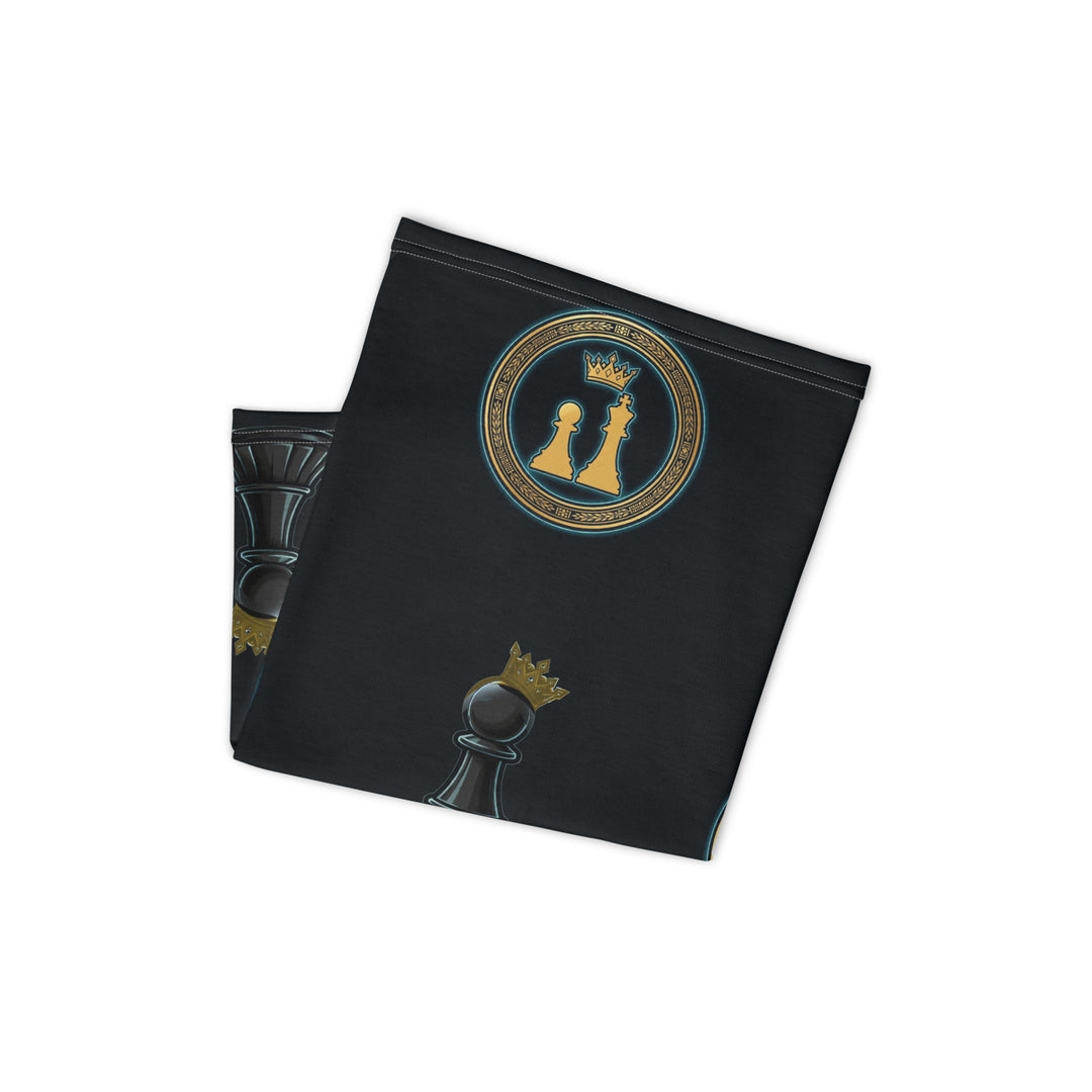 One Family Neck Gaiter — Black, all-over black and gold pawn pattern