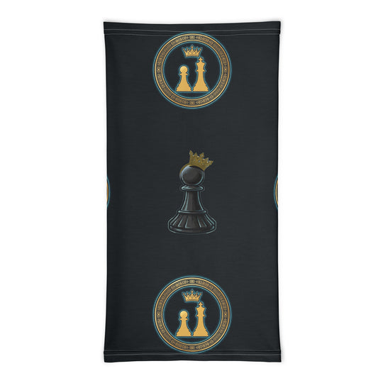 One Family Neck Gaiter — Black, all-over black and gold pawn pattern