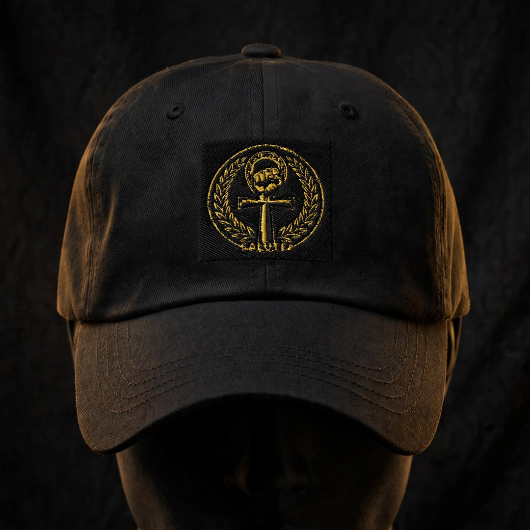 One Family Baseball Cap — One Family merch, crowned mic emblem, black and gold