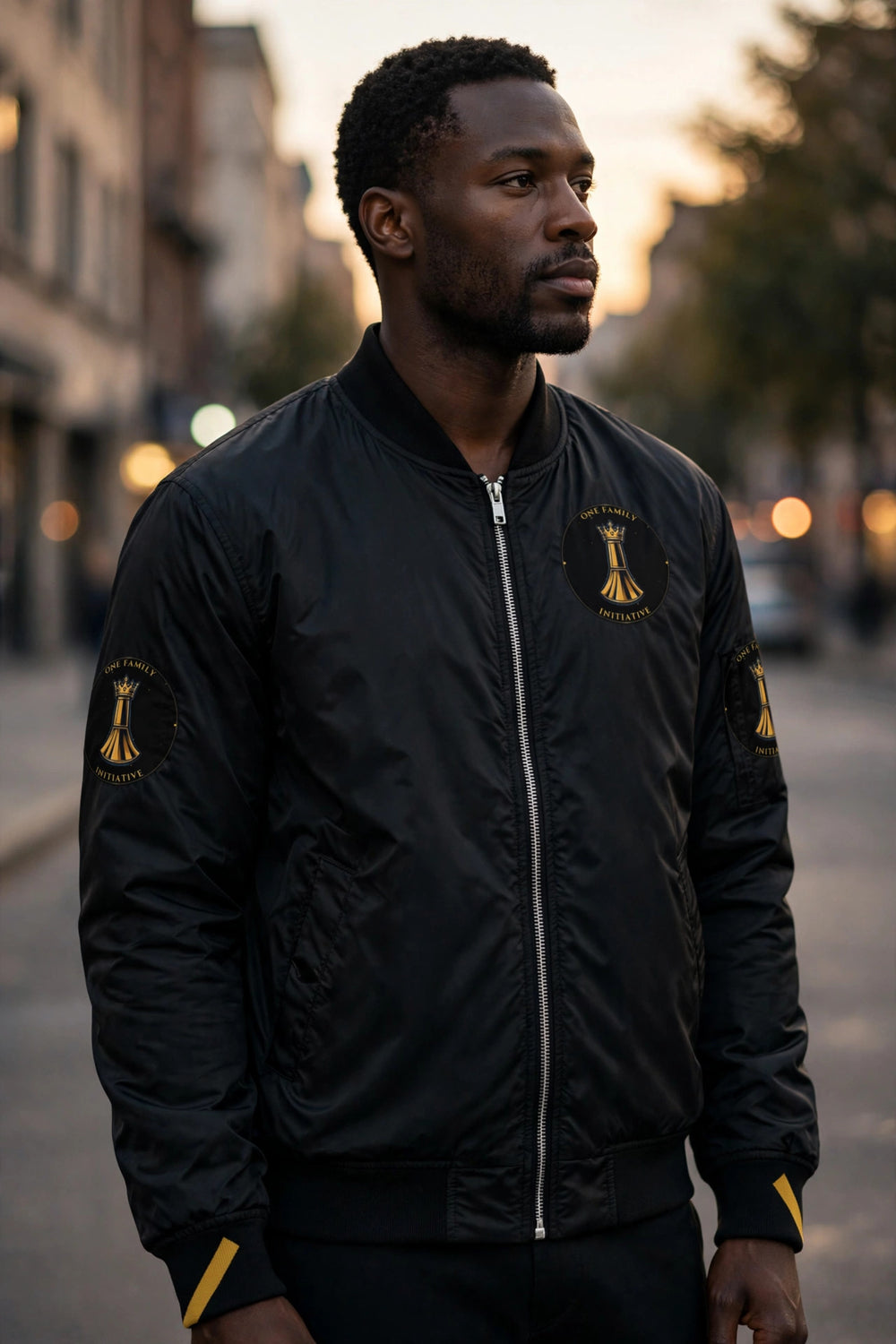 One Family number-1 bomber jacket worn, front view — photorealistic render of the approved design