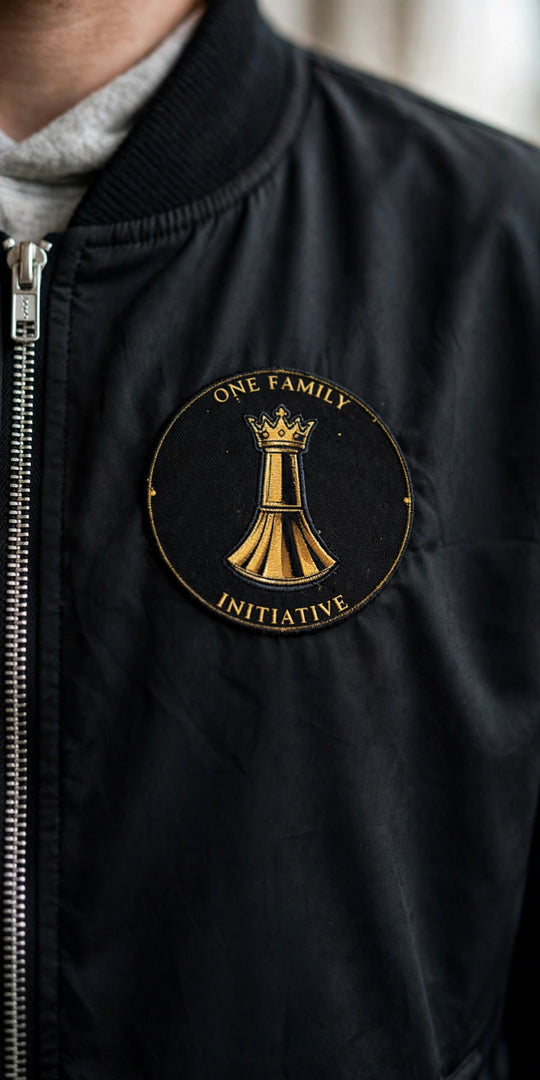 One Family number-1 bomber jacket chest badge detail — photorealistic render of the approved design