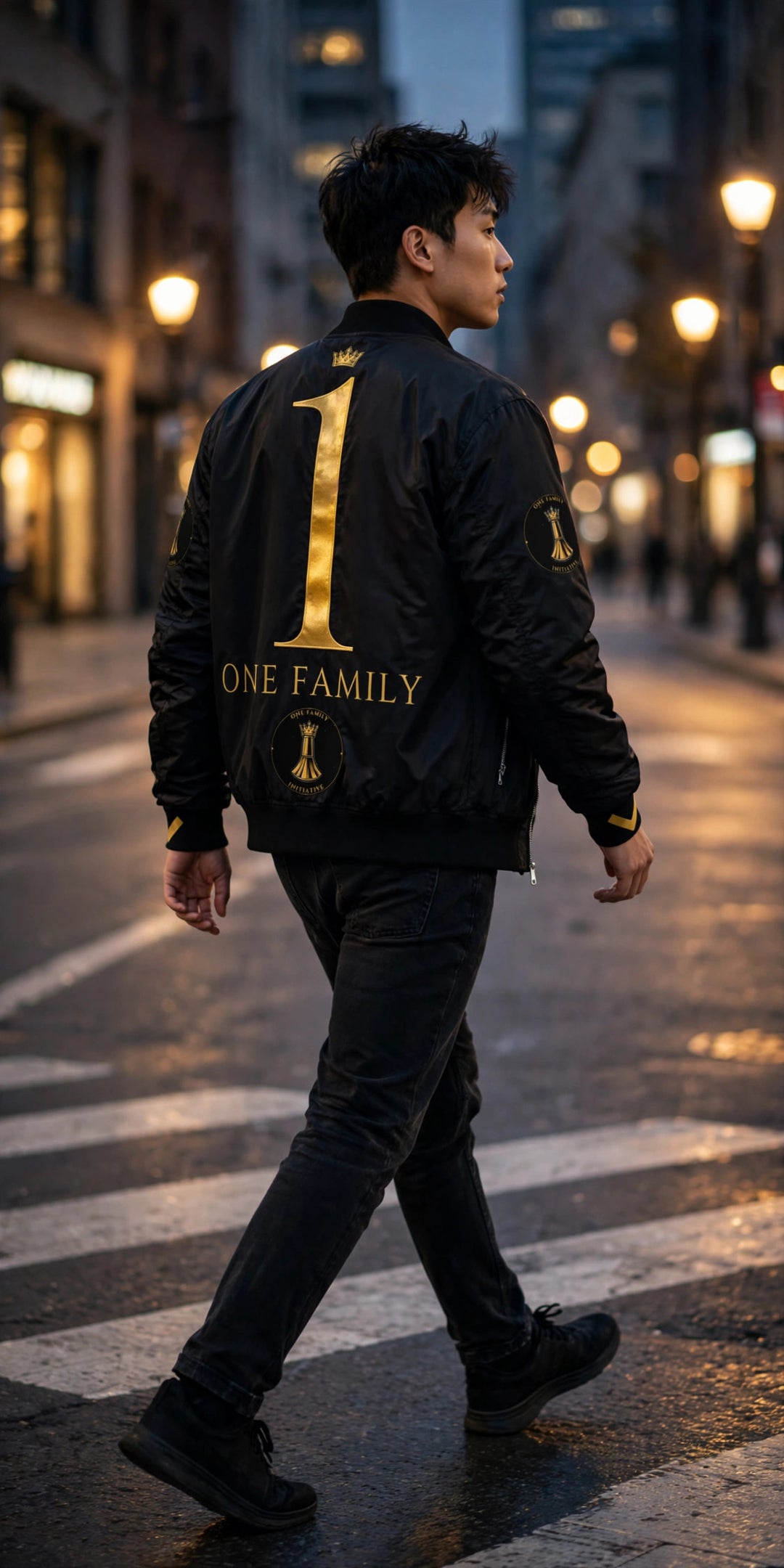 One Family number-1 bomber jacket worn, full-body in motion — photorealistic render of the approved design