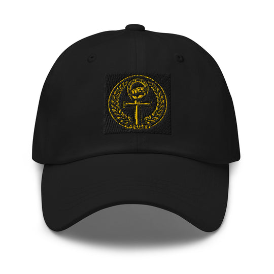 One Family Baseball Cap — One Family merch, crowned mic emblem, black and gold
