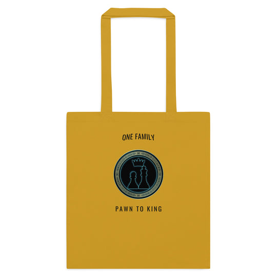 Pawn to King Duo Seal Tote — One Family (Royal Gold) — One Family merch, black duo seal emblem, mustard and black