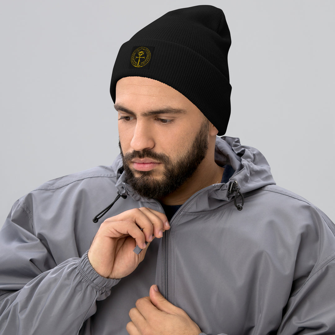 One Family Beanie — One Family merch, crowned mic emblem, black and gold
