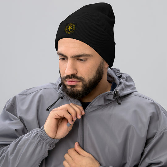 One Family Beanie — One Family merch, crowned mic emblem, black and gold
