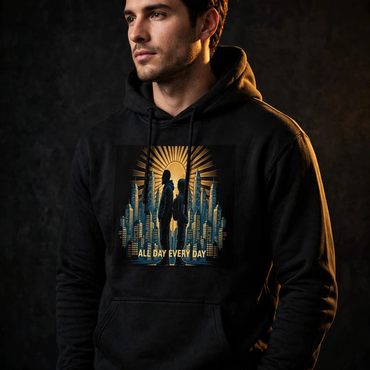 One Family Hoodie - All Day Every Day — One Family merch, crowned mic emblem, black and gold