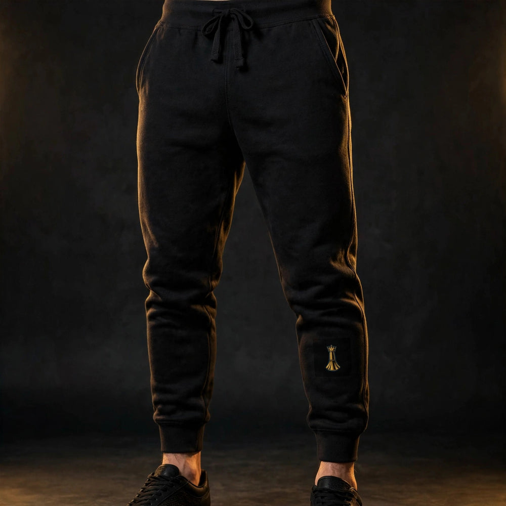 One Family Joggers – All Day Every Day — One Family merch, crowned mic emblem, black and gold