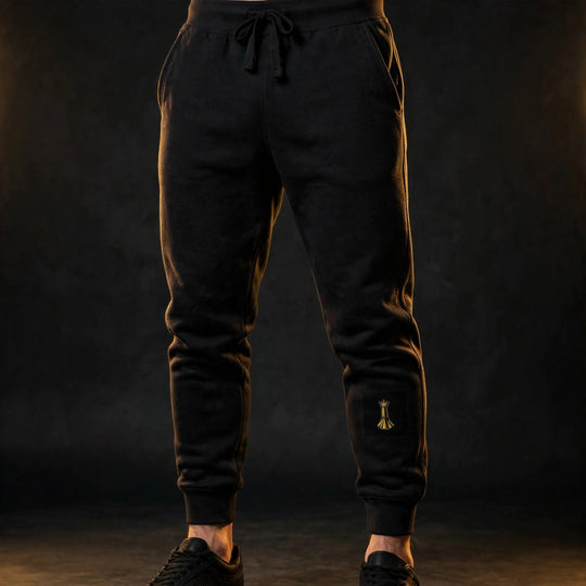 One Family Joggers – All Day Every Day — One Family merch, crowned mic emblem, black and gold