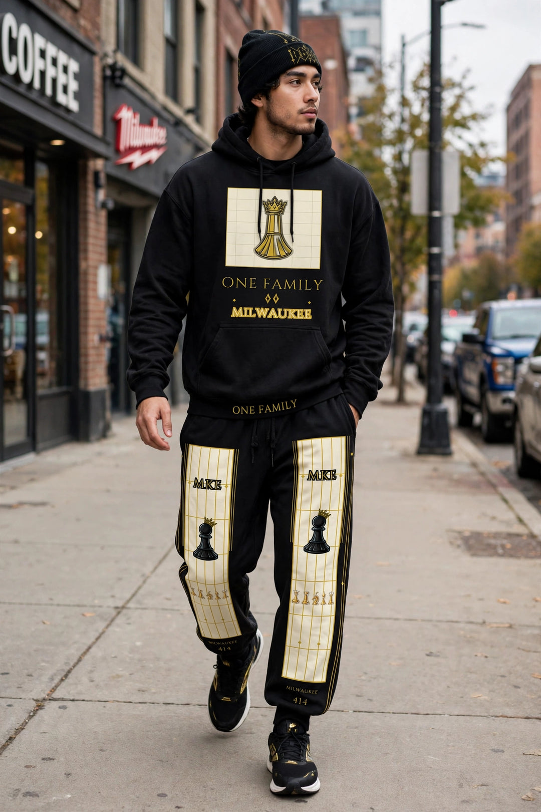 Milwaukee outfit worn — black Milwaukee hoodie with king panel, ONE FAMILY and MILWAUKEE stack, black v9 joggers, black and gold beanie, mid-stride
