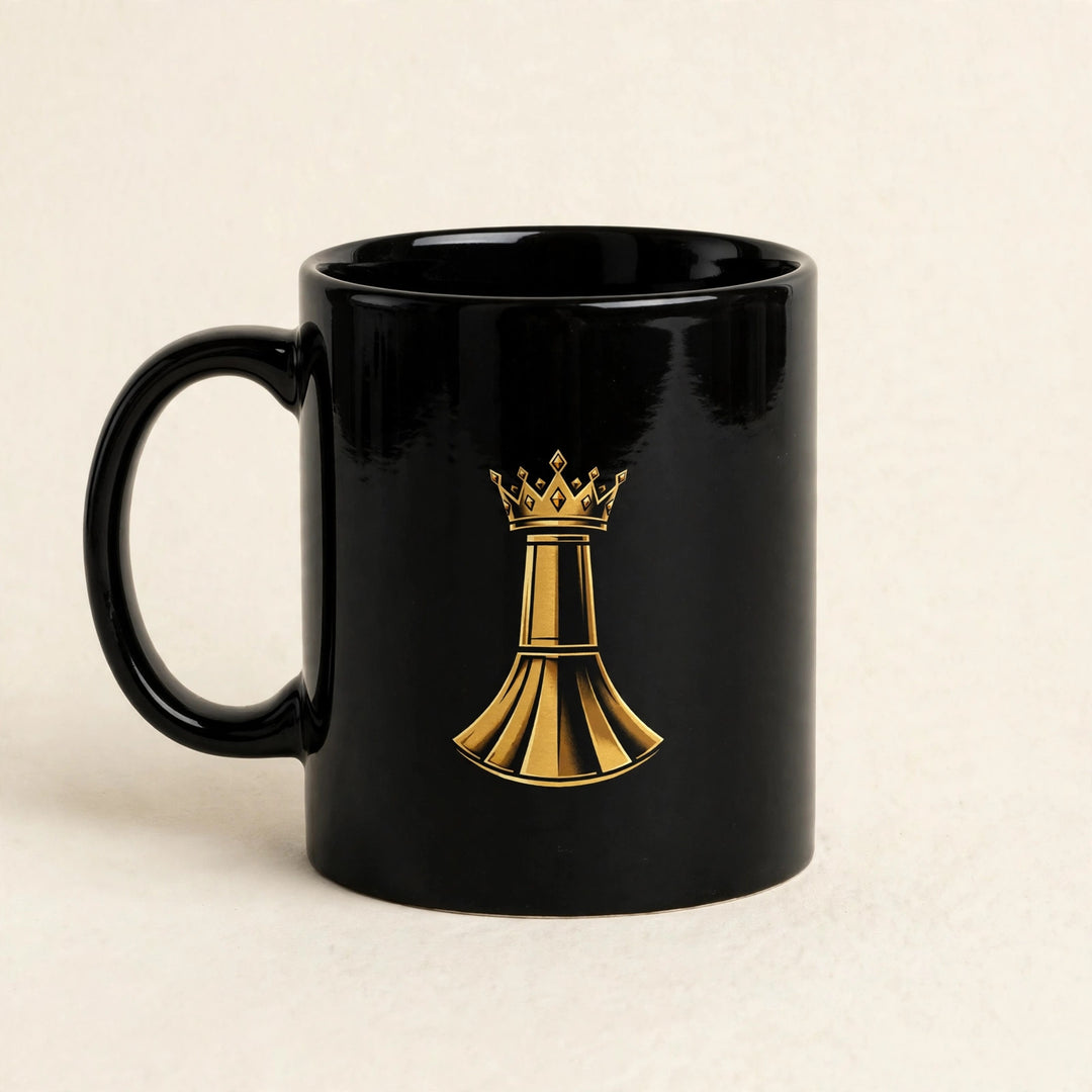 One Family Mug – Salute! studio photo — black glossy mug with gold crowned king emblem