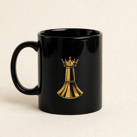 One Family Mug – Salute! studio photo — black glossy mug with gold crowned king emblem