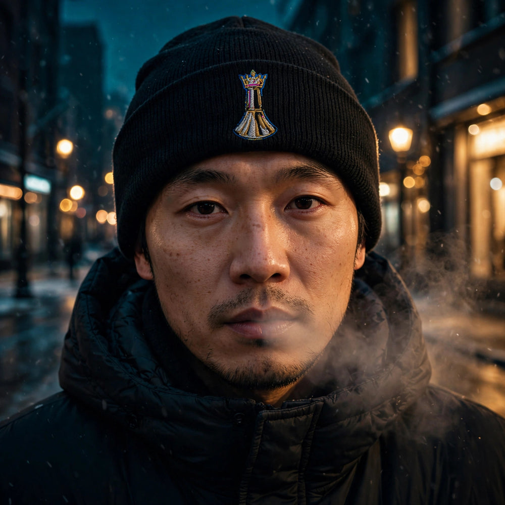 Pawn to King Beanie — One Family — One Family merch, gold crowned king emblem embroidered, black and gold