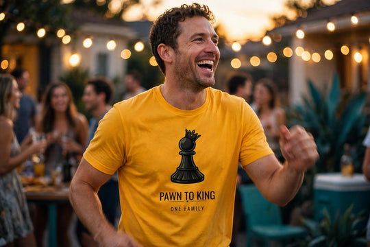 Pawn to King Crowned Pawn Tee — One Family (Royal Gold) — One Family merch, black crowned pawn emblem, gold and black
