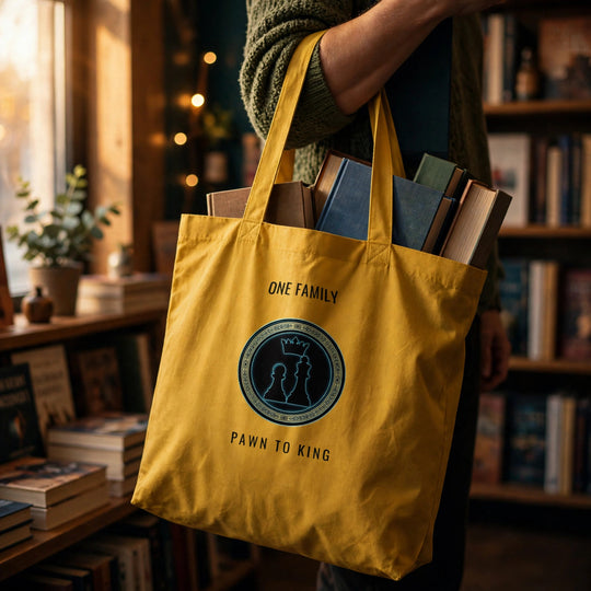 Pawn to King Duo Seal Tote — One Family (Royal Gold) — One Family merch, black duo seal emblem, mustard and black
