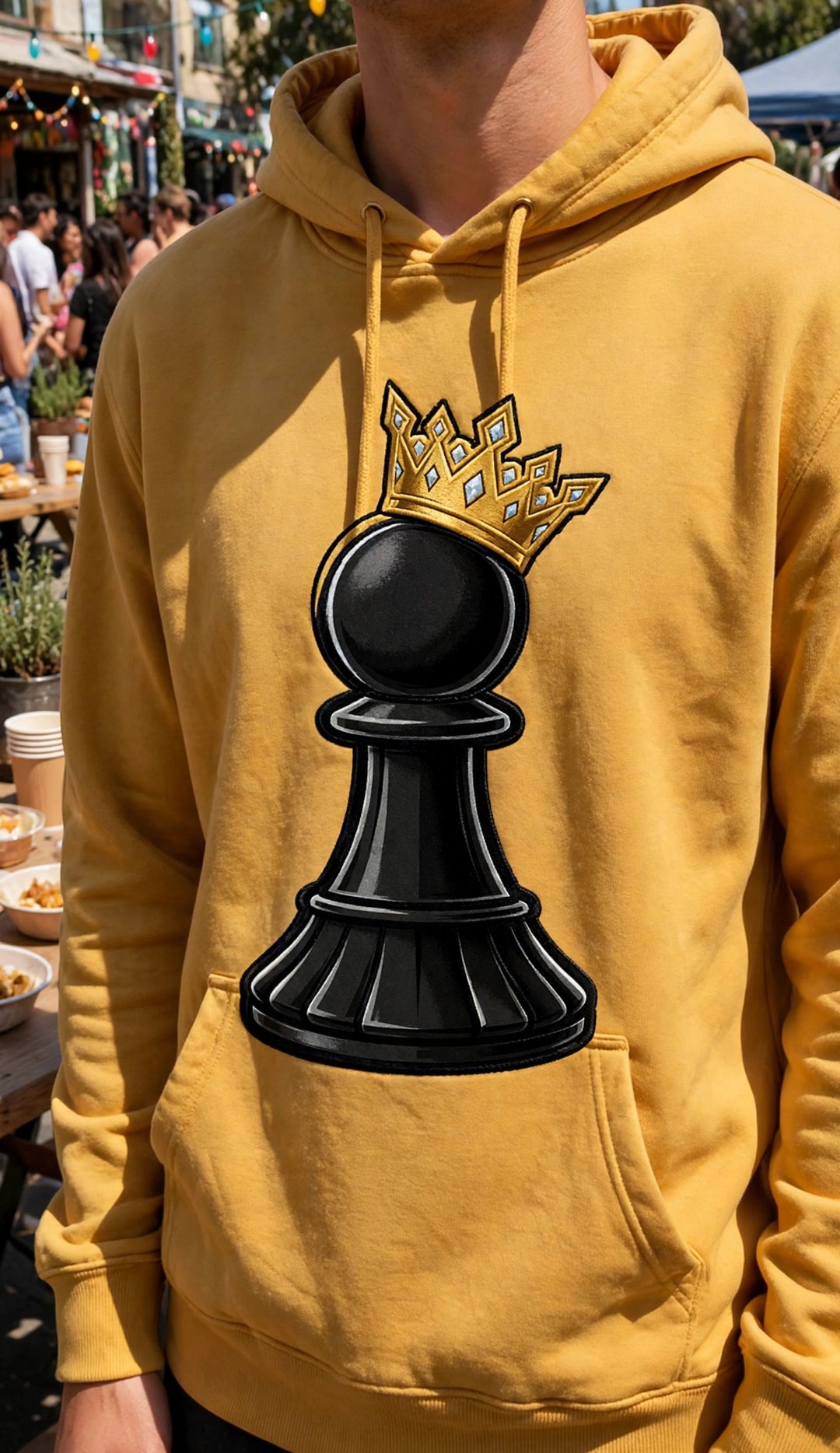One Family Pawn to King Hoodie Gold — realistic lifestyle photo