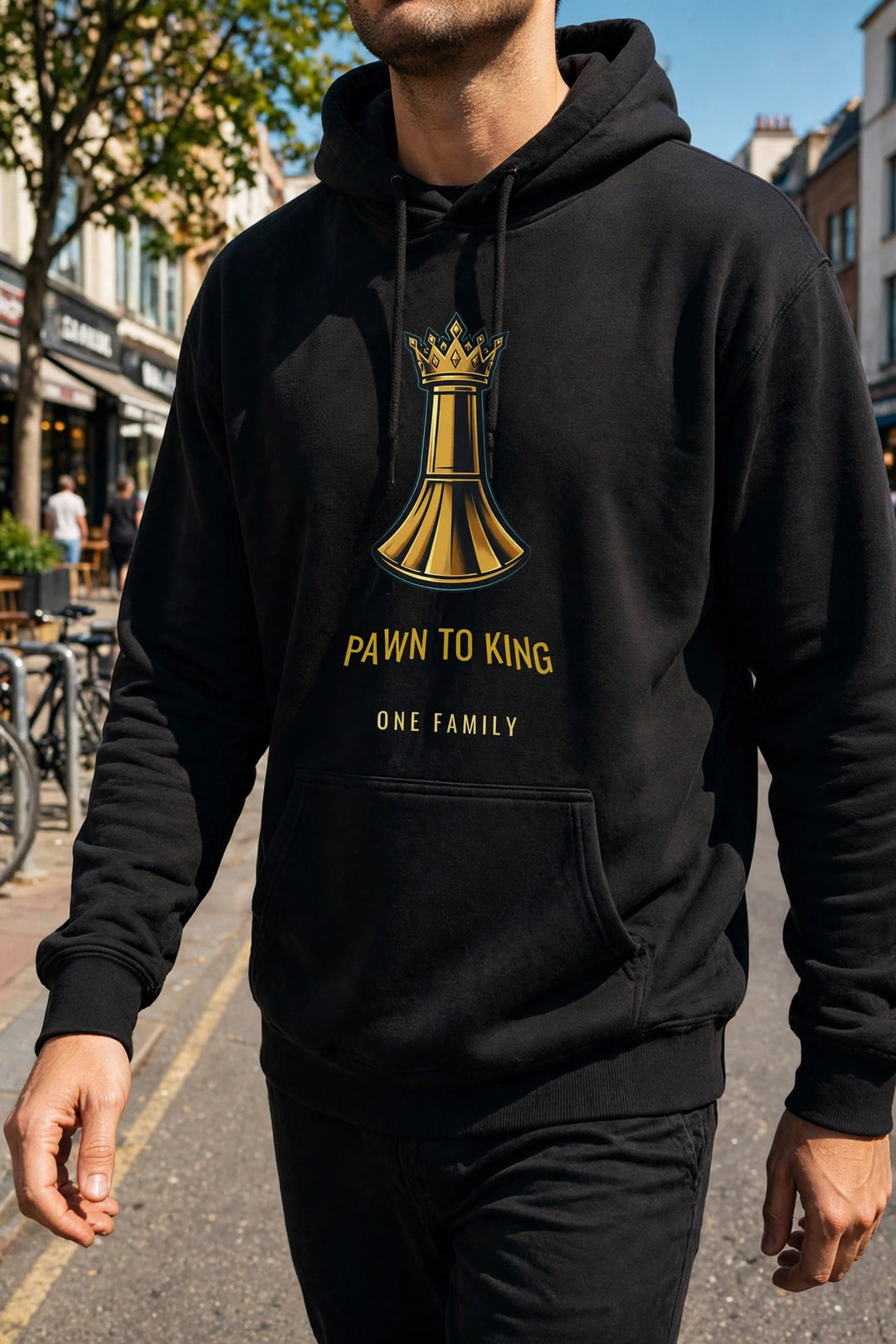 Pawn to King Hoodie — realistic lifestyle photo