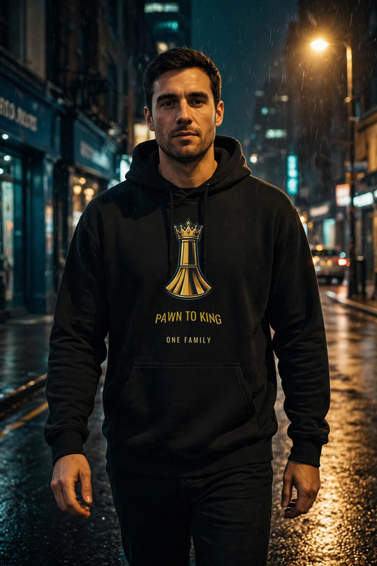 Pawn to King Hoodie worn on a night city street, gold crowned king design