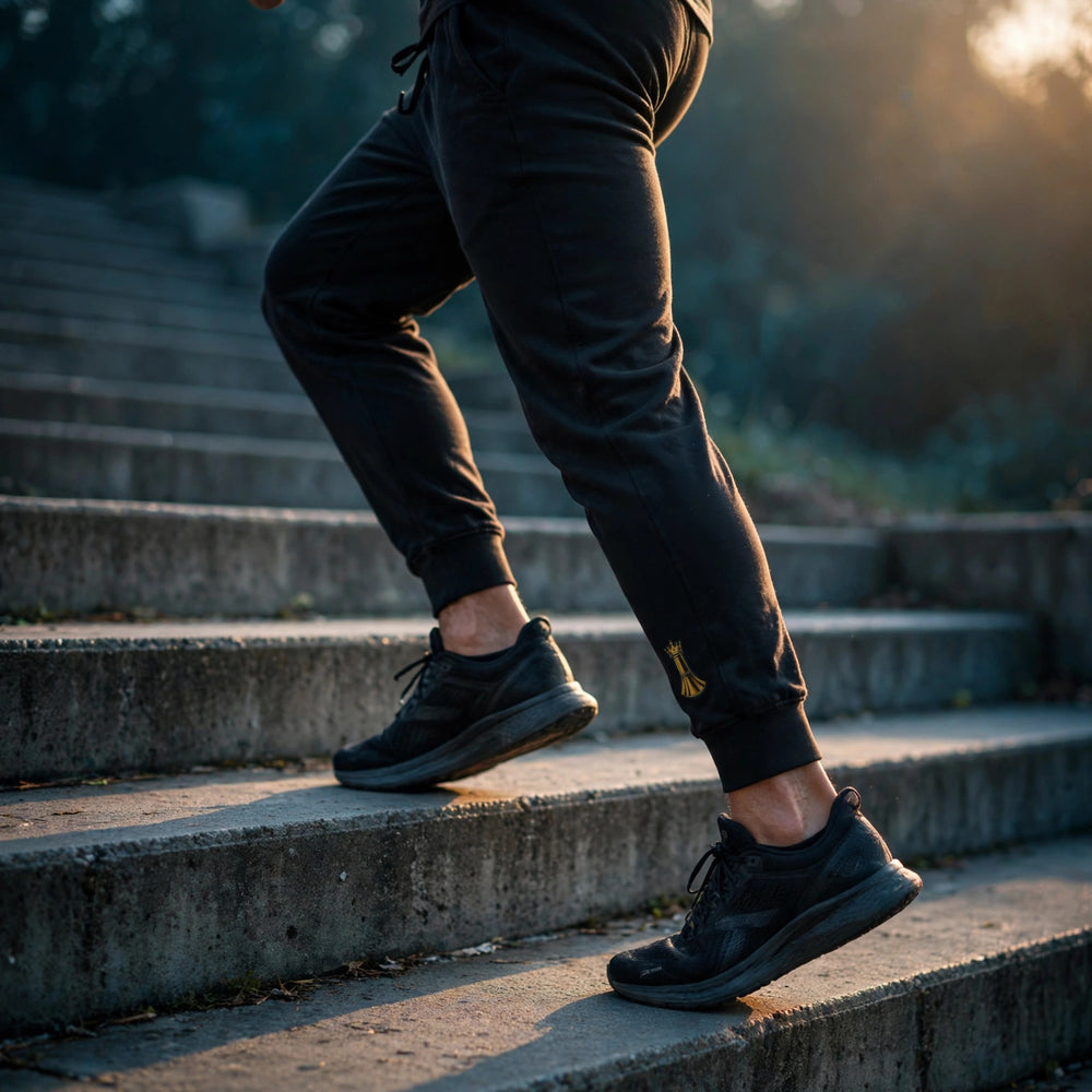 Pawn to King Joggers mid-stride up steps at dawn