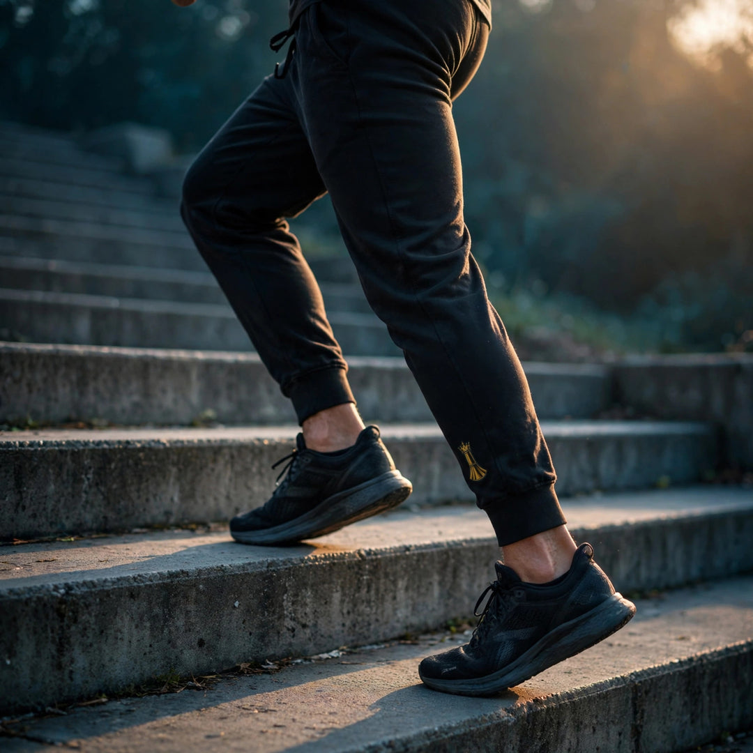 Pawn to King Joggers mid-stride up steps at dawn