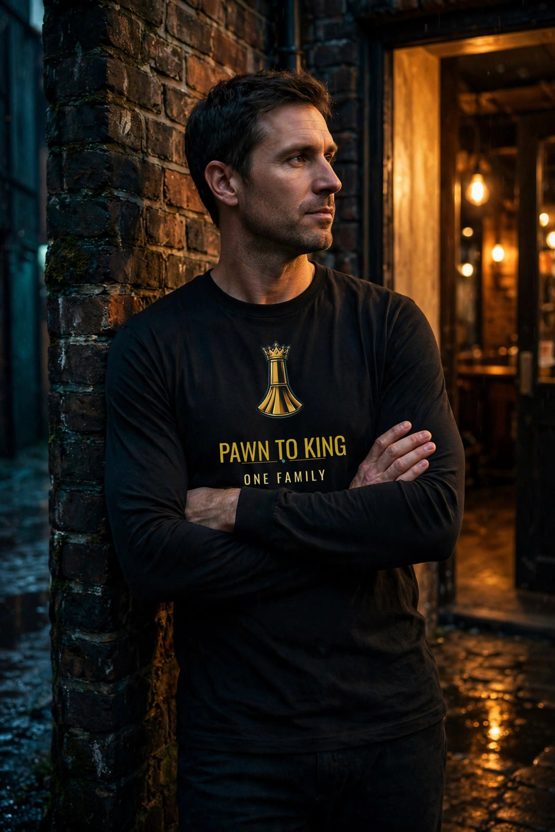 Pawn to King Long Sleeve worn in a night brick alley