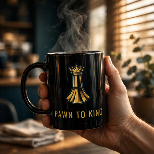 Pawn to King Mug held at a cafe window with steam