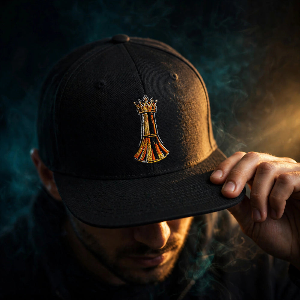 Pawn to King Snapback portrait, embroidered gold piece