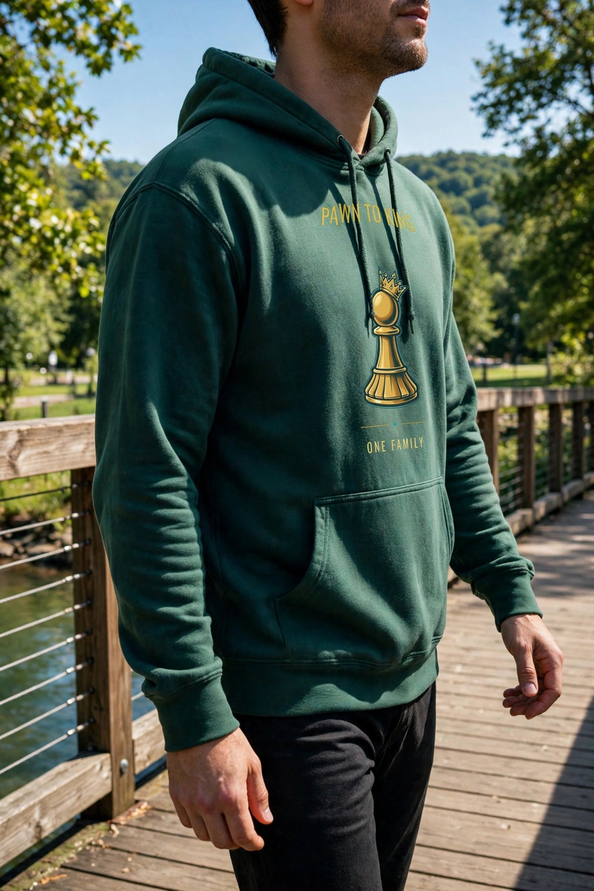 Deep Teal Crowned Pawn Hoodie — realistic lifestyle photo