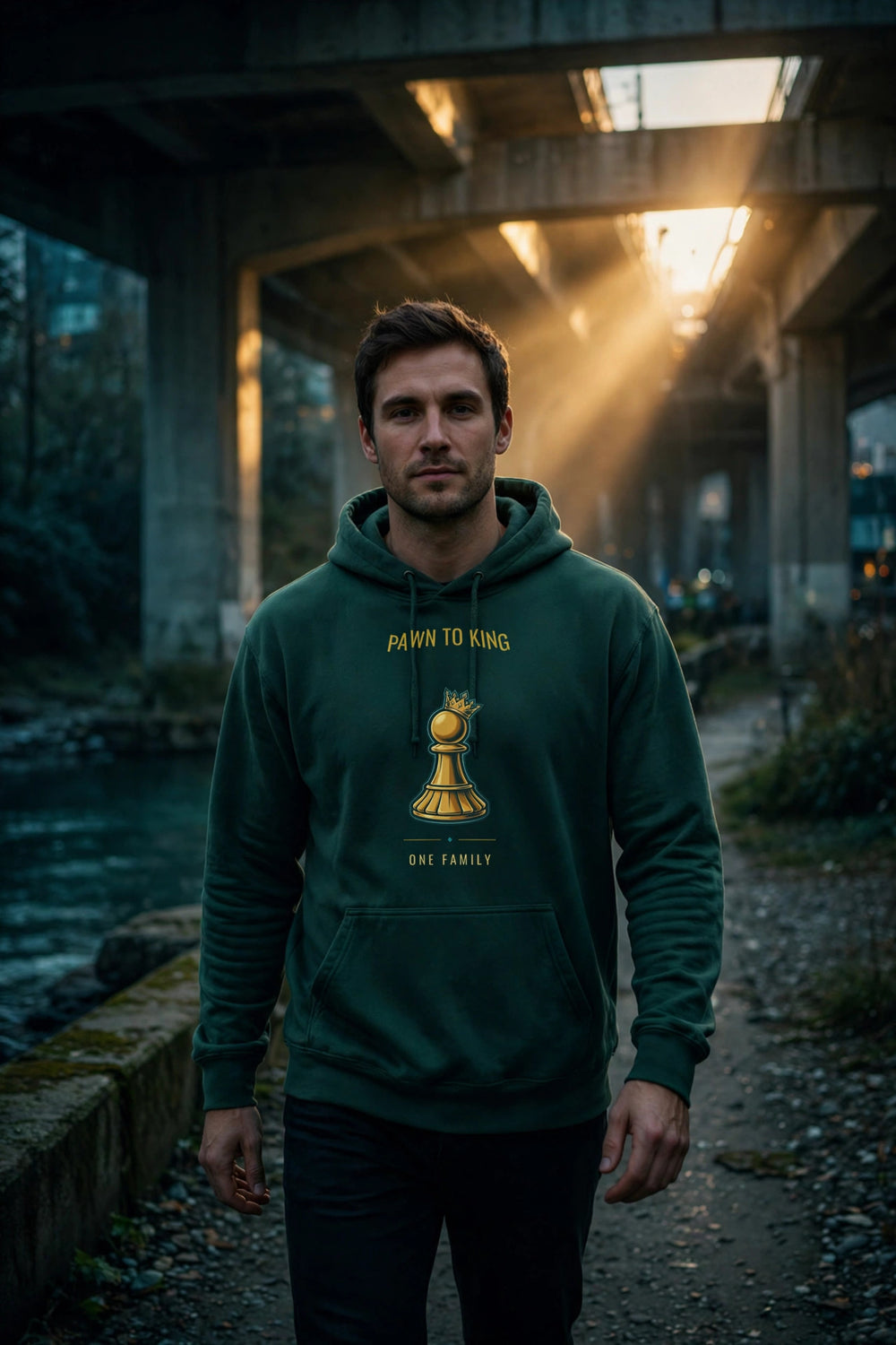 Pawn to King Crowned Pawn Hoodie — One Family (Deep Teal) — One Family merch, gold crowned pawn emblem, forest green and gold
