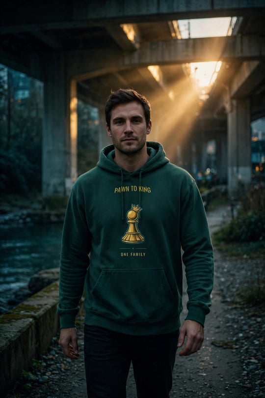 Pawn to King Crowned Pawn Hoodie — One Family (Deep Teal) — One Family merch, gold crowned pawn emblem, forest green and gold