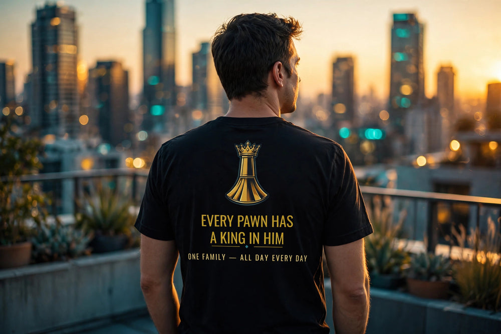Pawn to King Tee back piece on a rooftop at golden hour