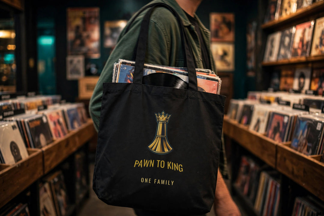 Pawn to King Tote carried in a vinyl record store