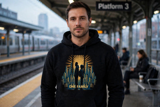 One Family Hoodie All Day Every Day worn - photorealistic station photo