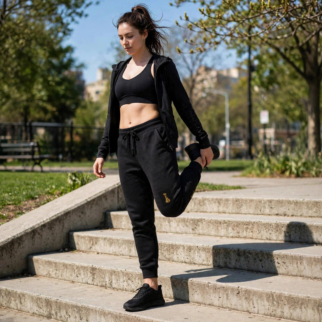 One Family Joggers All Day Every Day worn - photorealistic park photo