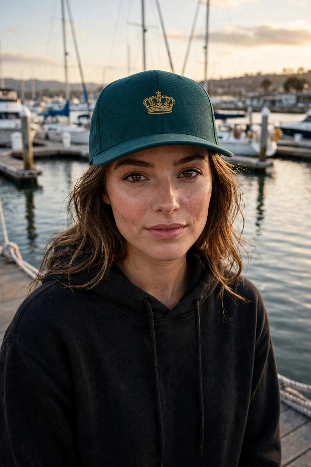 Pawn to King Crown Snapback Deep Teal worn - photorealistic marina photo