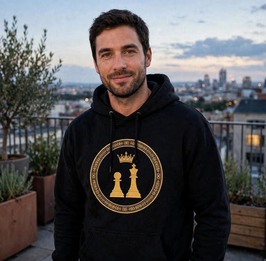One Family Duo Seal Hoodie Black worn - photorealistic rooftop photo