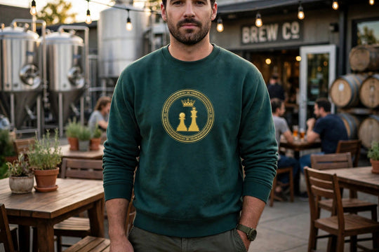 Pawn to King Duo Seal Crewneck Deep Teal worn - photorealistic patio photo