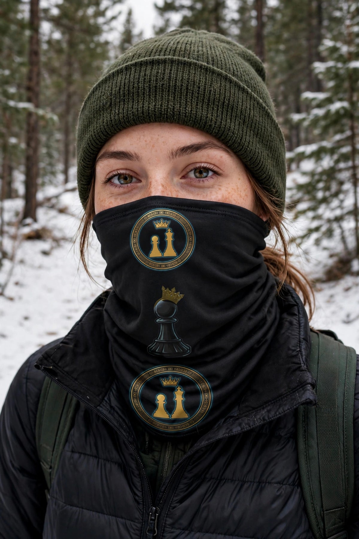 One Family Neck Gaiter Black worn - photorealistic winter trail photo