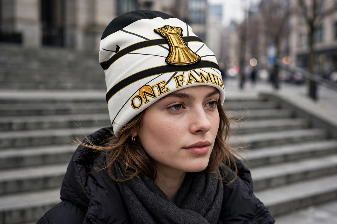 One Family Gilded Chevron Beanie worn - photorealistic street photo