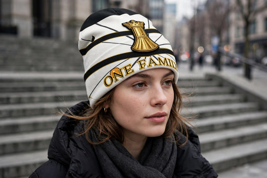 One Family Gilded Chevron Beanie worn - photorealistic street photo