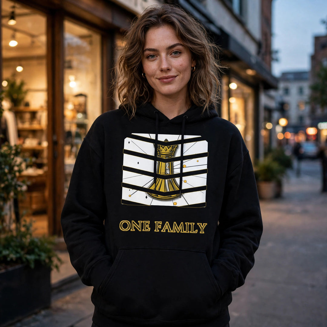 One Family Gilded Chevron Hoodie worn - photorealistic street photo