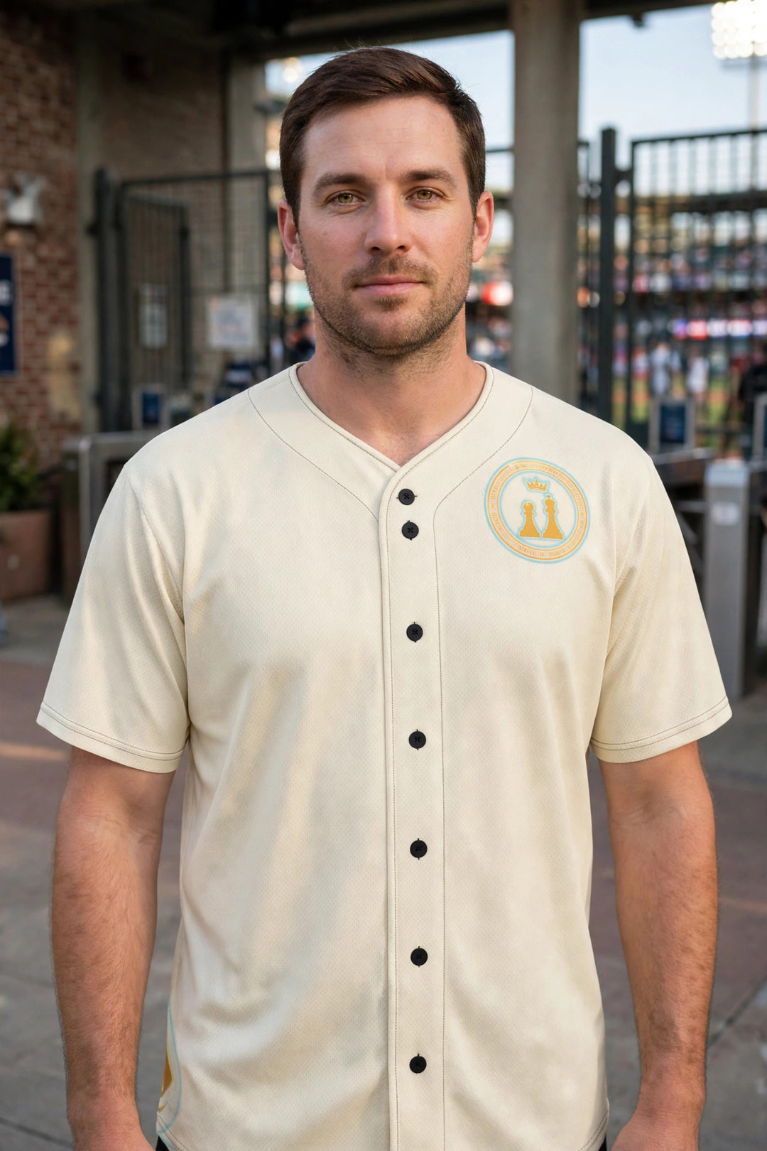 One Family Cream City Baseball Jersey worn - photorealistic ballpark photo