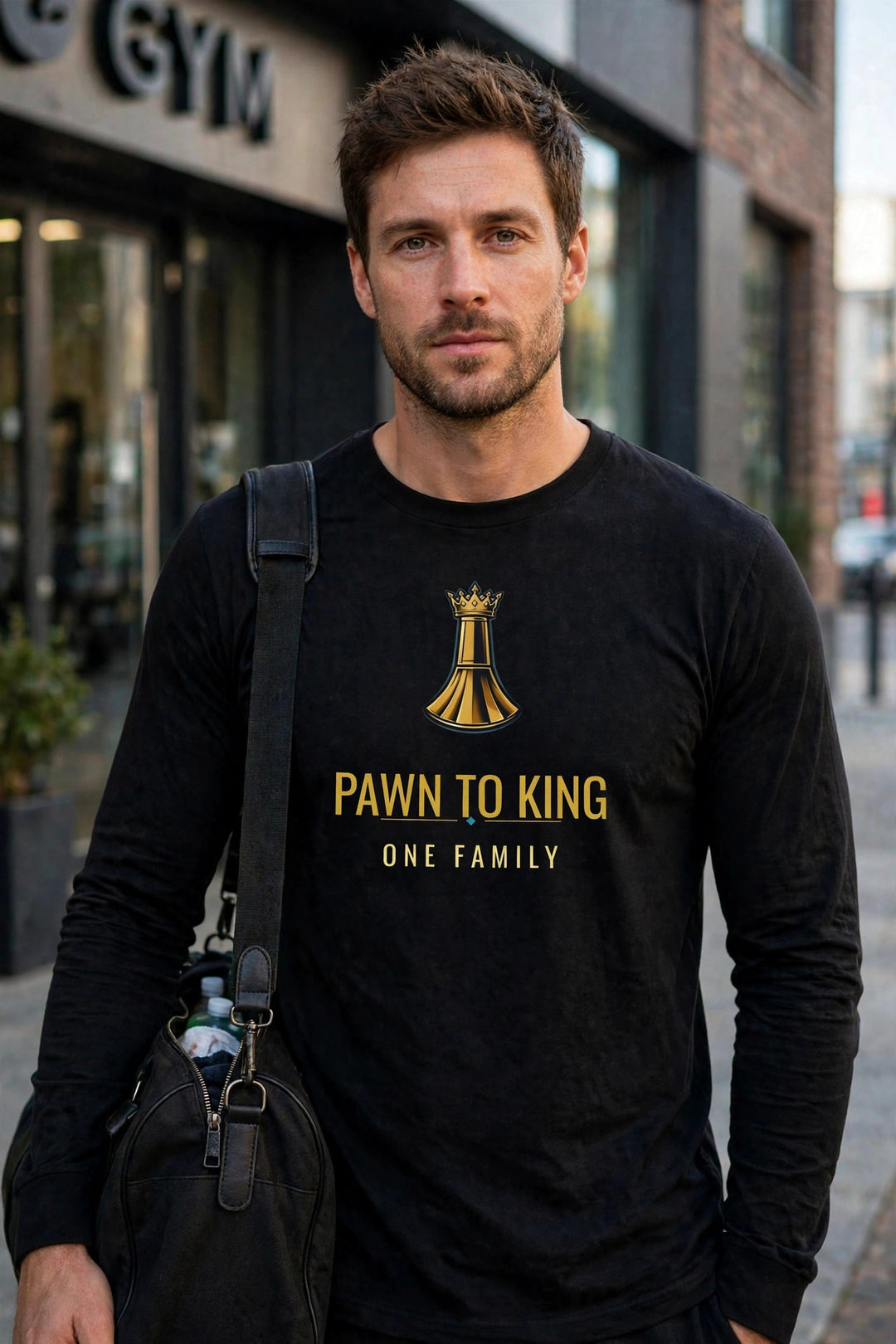 Pawn to King Long Sleeve worn - photorealistic street photo