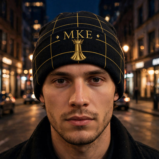 Milwaukee beanie, black knit with gold MKE letters, gold crowned king and gold grid, night street