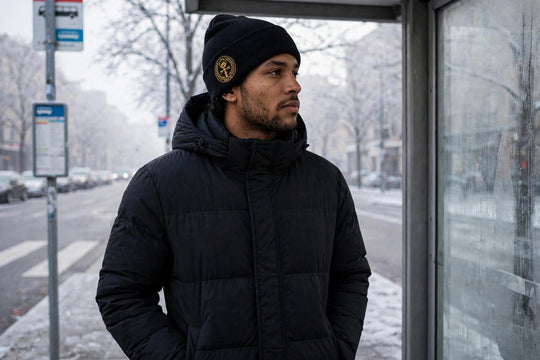 One Family Beanie worn - photorealistic winter photo