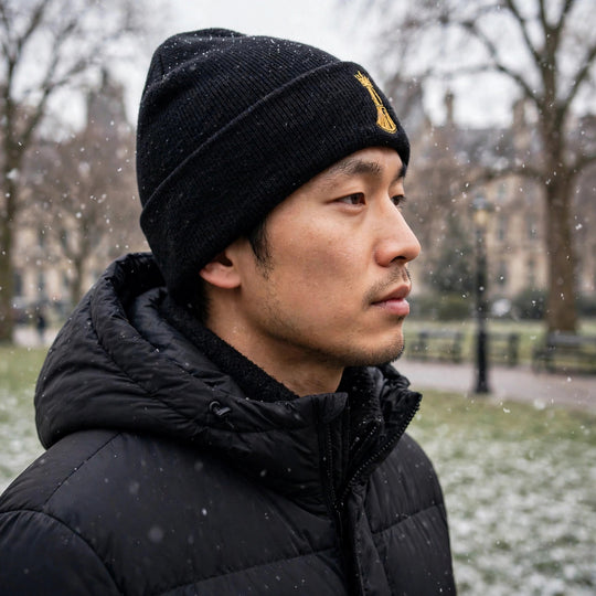 Pawn to King Beanie worn - photorealistic winter photo