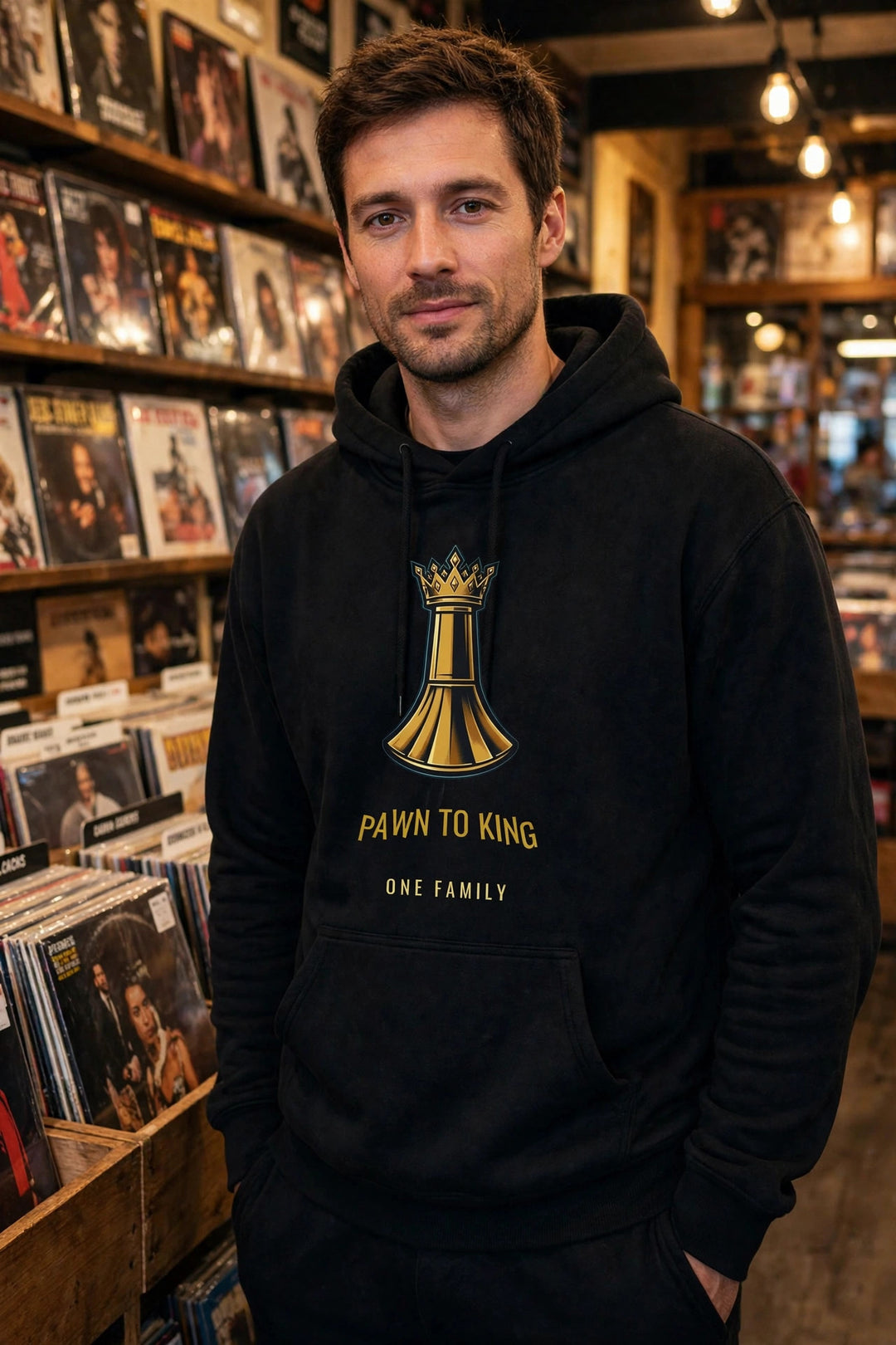Pawn to King Hoodie worn - photorealistic photo